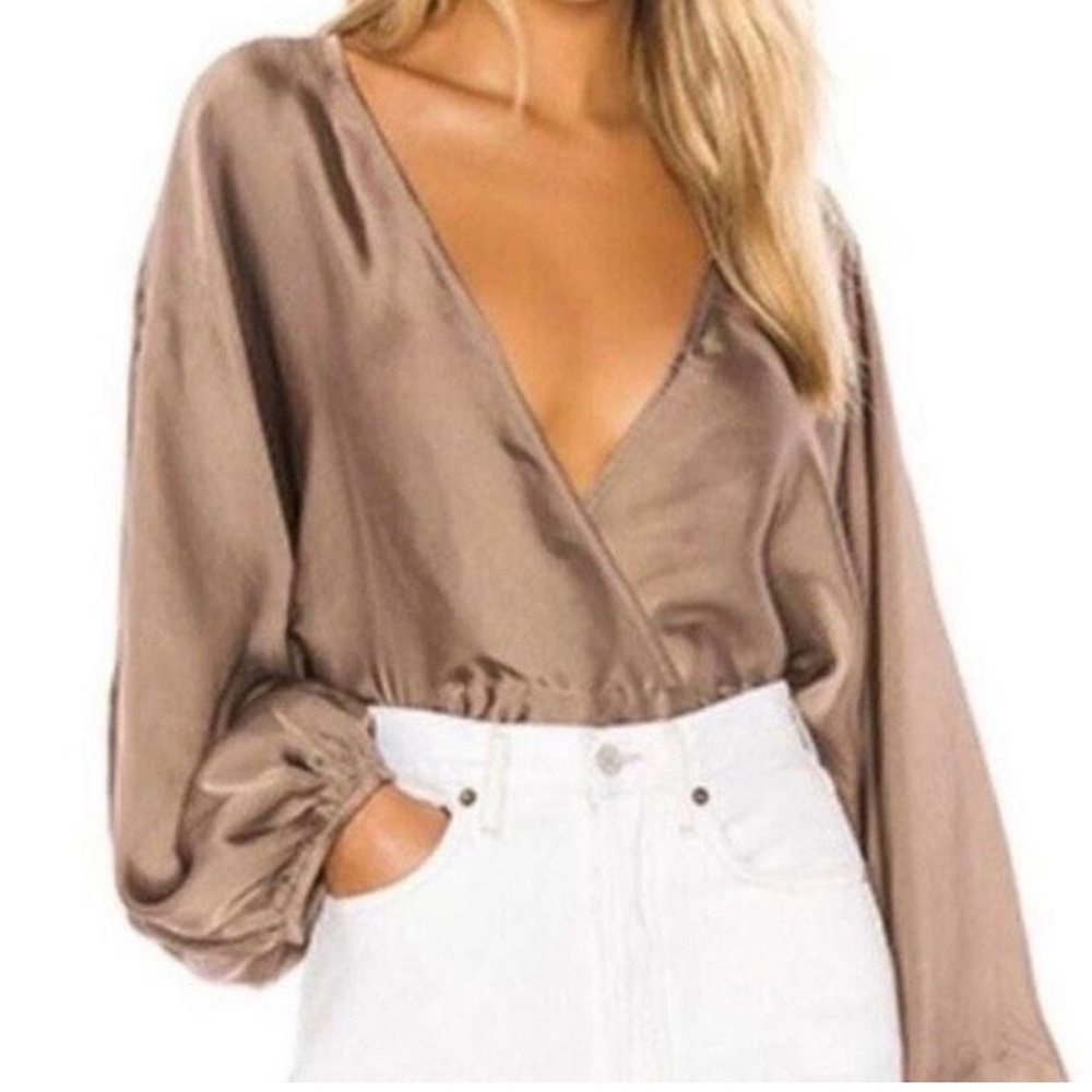 NEW Free People midnight vibes balloon sleeve blouse mushroom tan size XS